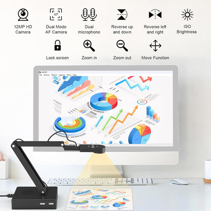 Camera scanner documente A3, 12 MP, 30 FPS, rezolutie 4K 3840 x 3120, zoom 9X, control prin telecomanda, inregistrare video, transmisii live, microfon dublu, apel vocal bidirectional, oglindire, lumini LED, compatibila cu Mac OSX, Windows, Chromebook