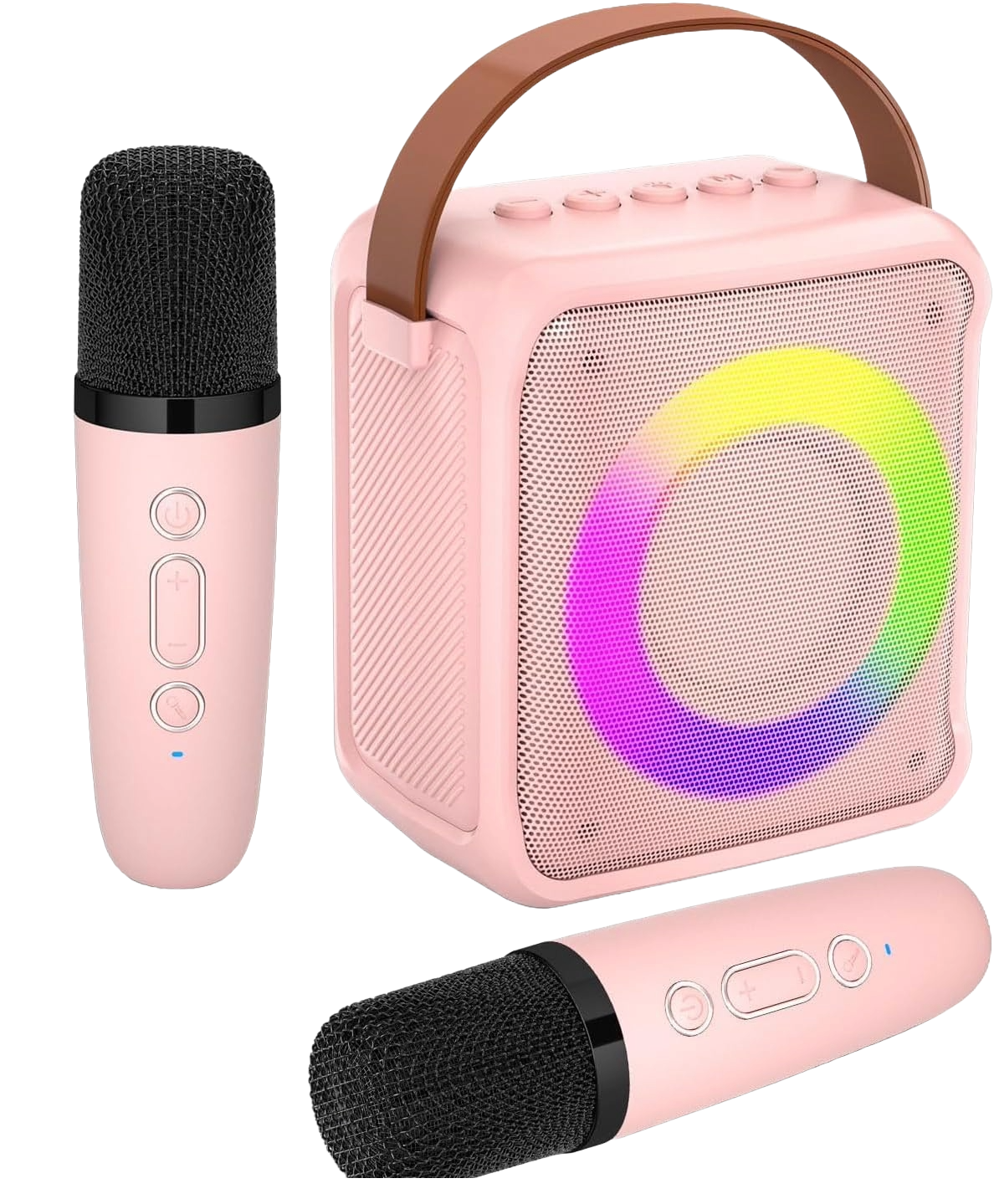 Set Microfon karaoke cu boxa portabila, Bluetooth 5.0, Wireless, 4 efecte voce, 2 microfoane incluse, lumina LED, Player MP3, slot card MicroSD, AUX, USB, pentru copii si adulti, roz