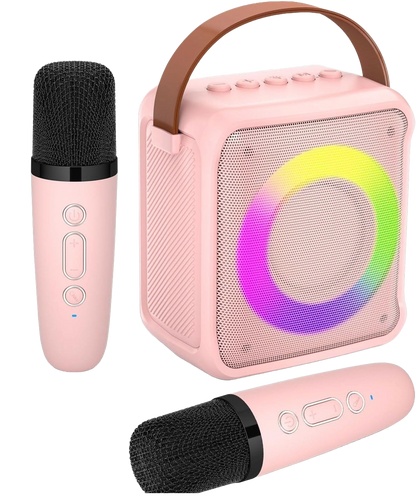 Set Microfon karaoke cu boxa portabila, Bluetooth 5.0, Wireless, 4 efecte voce, 2 microfoane incluse, lumina LED, Player MP3, slot card MicroSD, AUX, USB, pentru copii si adulti, roz