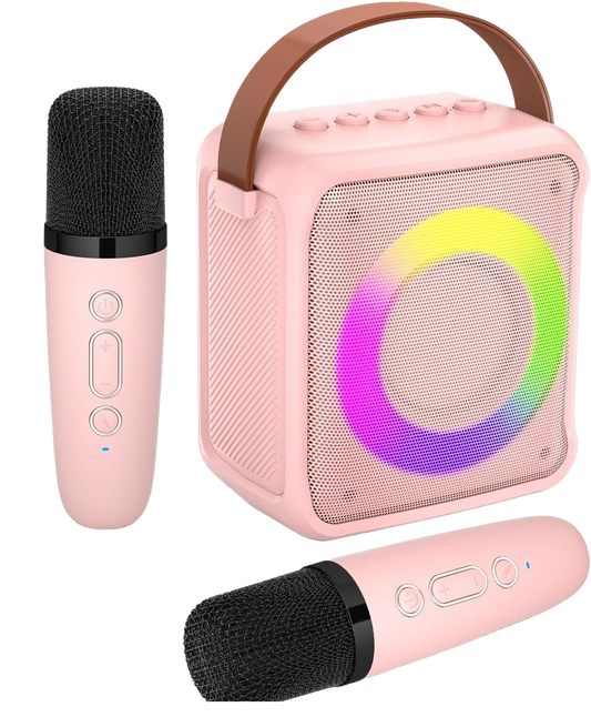 Set Microfon karaoke cu boxa portabila, Bluetooth 5.0, Wireless, 4 efecte voce, 2 microfoane incluse, lumina LED, Player MP3, slot card MicroSD, AUX, USB, pentru copii si adulti, roz