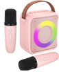 Set Microfon karaoke cu boxa portabila, Bluetooth 5.0, Wireless, 4 efecte voce, 2 microfoane incluse, lumina LED, Player MP3, slot card MicroSD, AUX, USB, pentru copii si adulti, roz