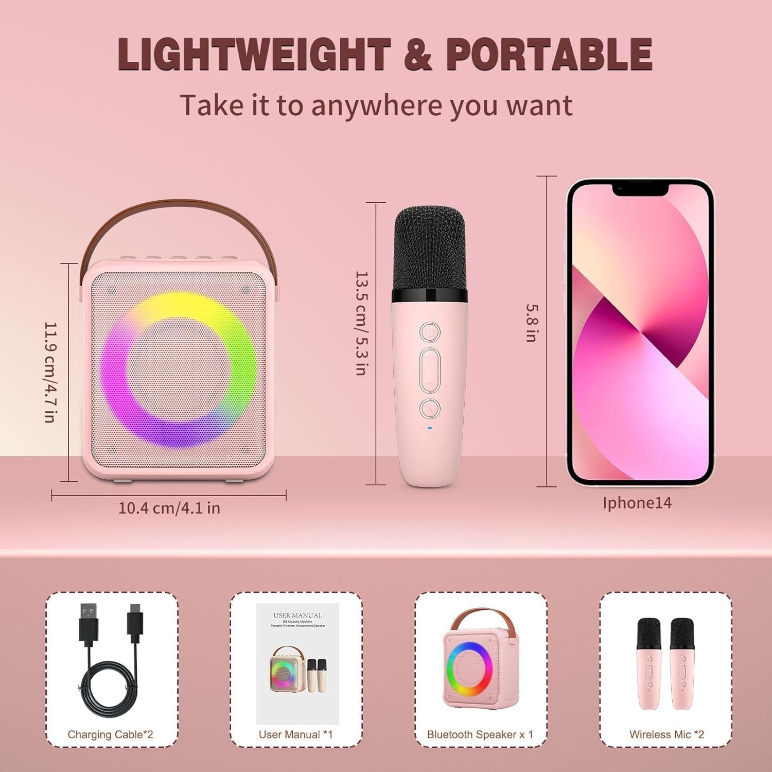 Set Microfon karaoke cu boxa portabila, Bluetooth 5.0, Wireless, 4 efecte voce, 2 microfoane incluse, lumina LED, Player MP3, slot card MicroSD, AUX, USB, pentru copii si adulti, roz