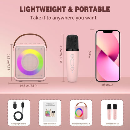 Set Microfon karaoke cu boxa portabila, Bluetooth 5.0, Wireless, 4 efecte voce, 2 microfoane incluse, lumina LED, Player MP3, slot card MicroSD, AUX, USB, pentru copii si adulti, roz