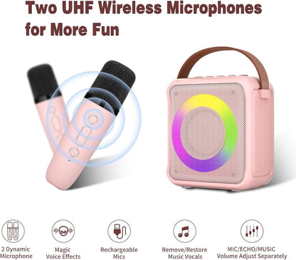 Set Microfon karaoke cu boxa portabila, Bluetooth 5.0, Wireless, 4 efecte voce, 2 microfoane incluse, lumina LED, Player MP3, slot card MicroSD, AUX, USB, pentru copii si adulti, roz