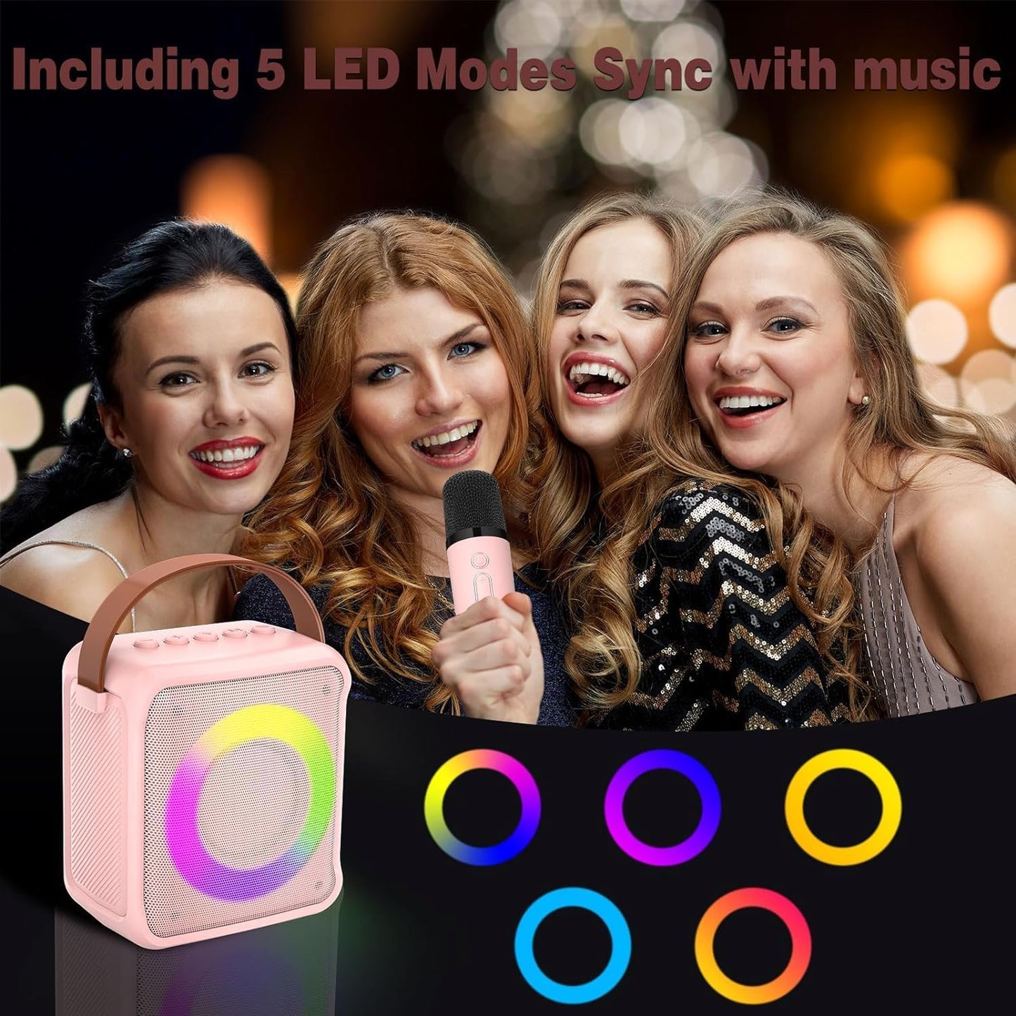 Set Microfon karaoke cu boxa portabila, Bluetooth 5.0, Wireless, 4 efecte voce, 2 microfoane incluse, lumina LED, Player MP3, slot card MicroSD, AUX, USB, pentru copii si adulti, roz