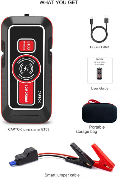Starter auto multifunctional 2500 A, Jump Starter, cu functie powerbank de 21800 mAh, incarcare wireless 15 W, afisaj LED, portabil, 8 l benzina si 6 l diesel 12V, robot de pornire cu lanterna LED si port cu incarcare rapida