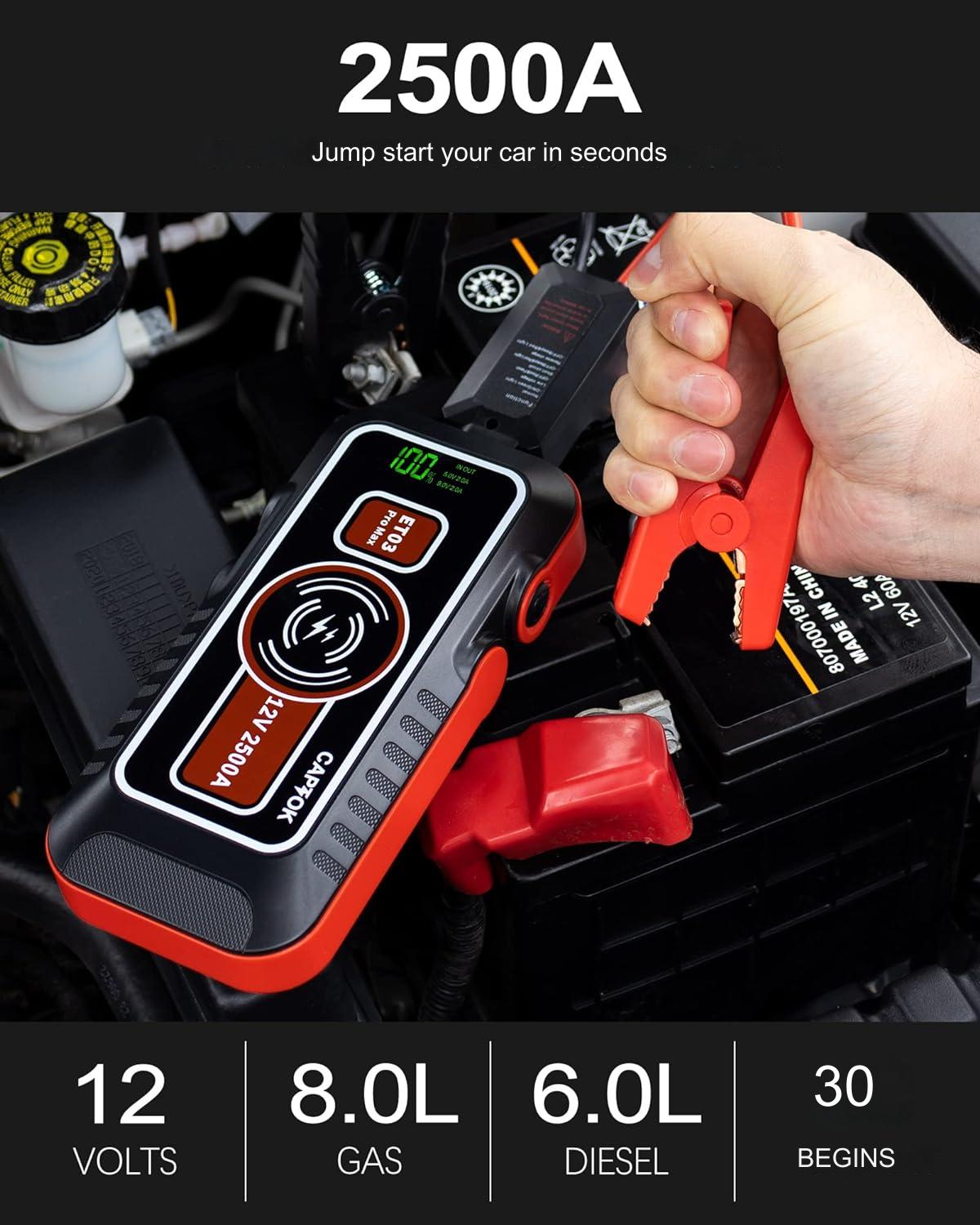 Starter auto multifunctional 2500 A, Jump Starter, cu functie powerbank de 21800 mAh, incarcare wireless 15 W, afisaj LED, portabil, 8 l benzina si 6 l diesel 12V, robot de pornire cu lanterna LED si port cu incarcare rapida