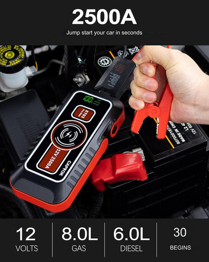 Starter auto multifunctional 2500 A, Jump Starter, cu functie powerbank de 21800 mAh, incarcare wireless 15 W, afisaj LED, portabil, 8 l benzina si 6 l diesel 12V, robot de pornire cu lanterna LED si port cu incarcare rapida