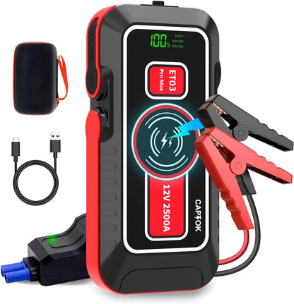 Starter auto multifunctional 2500 A, Jump Starter, cu functie powerbank de 21800 mAh, incarcare wireless 15 W, afisaj LED, portabil, 8 l benzina si 6 l diesel 12V, robot de pornire cu lanterna LED si port cu incarcare rapida