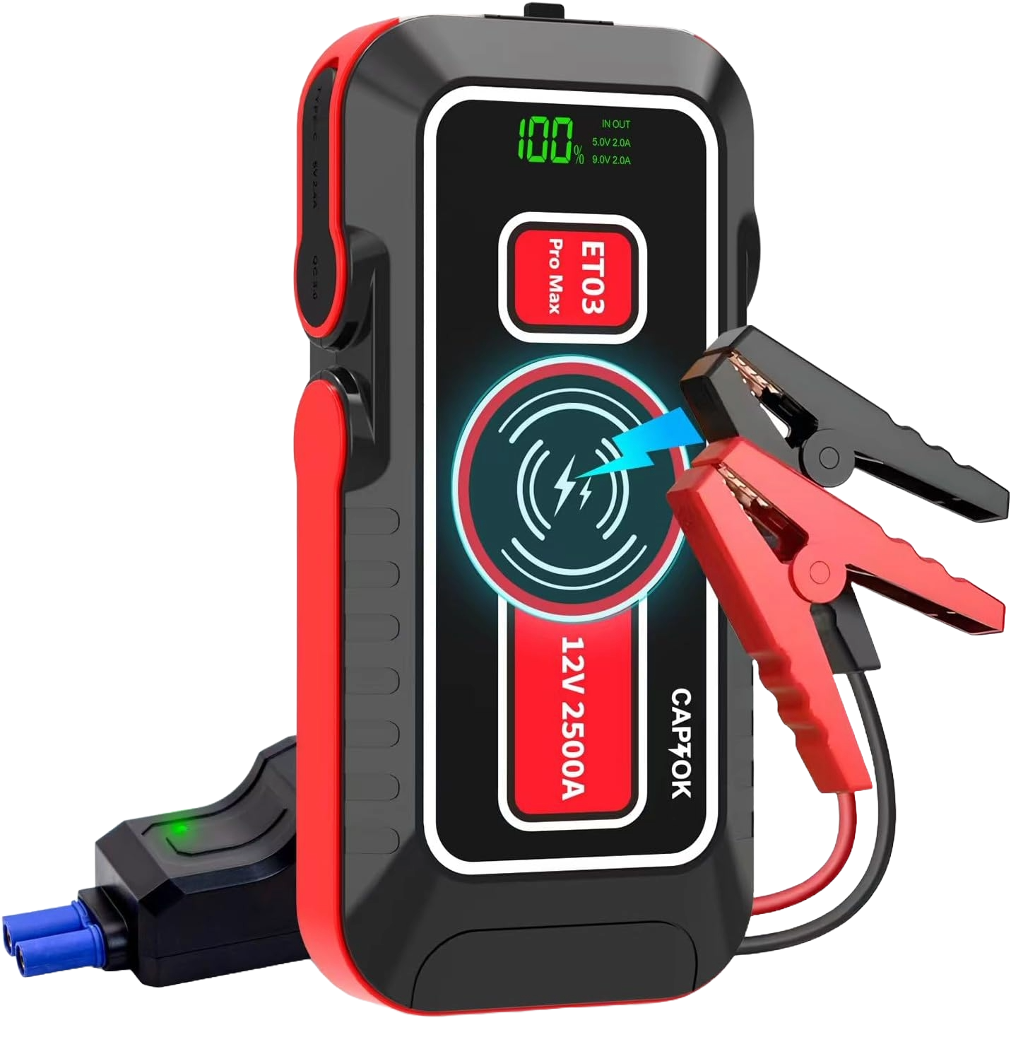 Starter auto multifunctional 2500 A, Jump Starter, cu functie powerbank de 21800 mAh, incarcare wireless 15 W, afisaj LED, portabil, 8 l benzina si 6 l diesel 12V, robot de pornire cu lanterna LED si port cu incarcare rapida