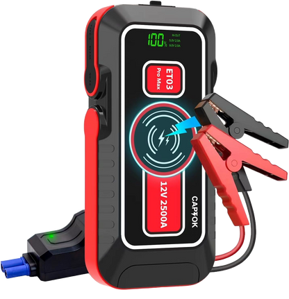 Starter auto multifunctional 2500 A, Jump Starter, cu functie powerbank de 21800 mAh, incarcare wireless 15 W, afisaj LED, portabil, 8 l benzina si 6 l diesel 12V, robot de pornire cu lanterna LED si port cu incarcare rapida