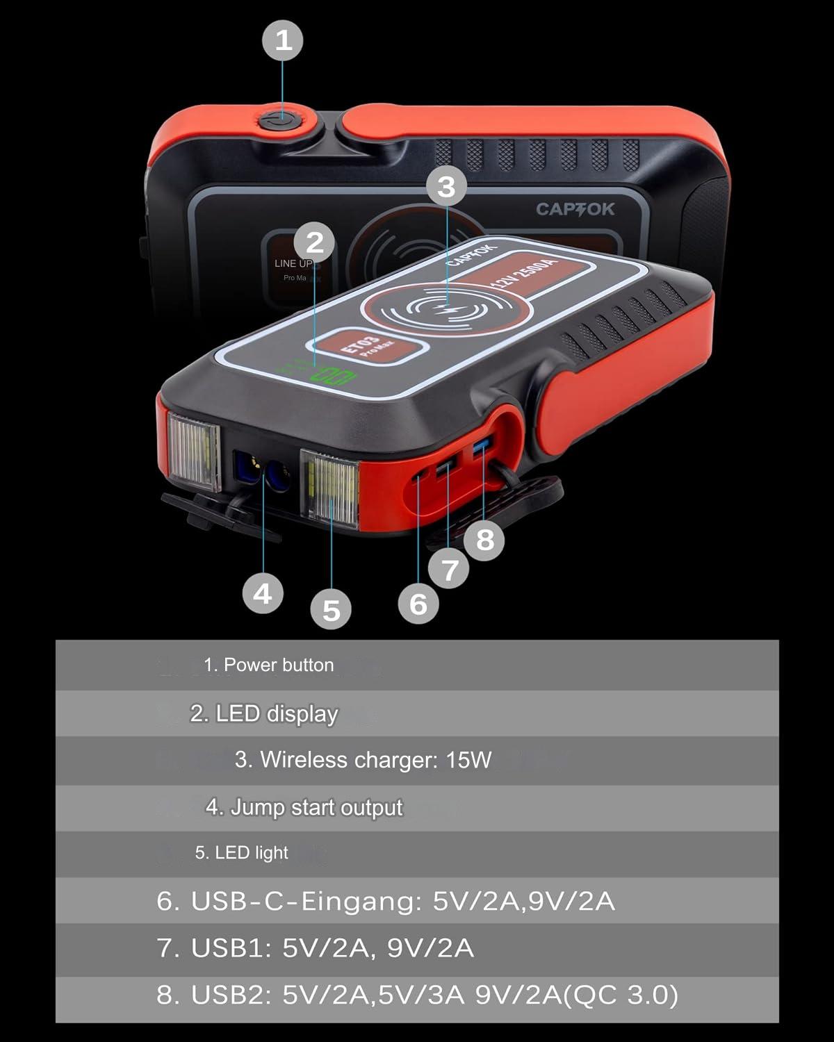 Starter auto multifunctional 2500 A, Jump Starter, cu functie powerbank de 21800 mAh, incarcare wireless 15 W, afisaj LED, portabil, 8 l benzina si 6 l diesel 12V, robot de pornire cu lanterna LED si port cu incarcare rapida