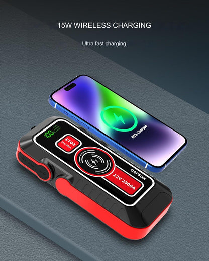 Starter auto multifunctional 2500 A, Jump Starter, cu functie powerbank de 21800 mAh, incarcare wireless 15 W, afisaj LED, portabil, 8 l benzina si 6 l diesel 12V, robot de pornire cu lanterna LED si port cu incarcare rapida