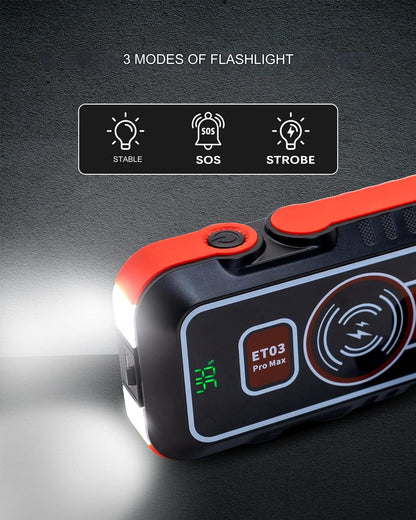 Starter auto multifunctional 2500 A, Jump Starter, cu functie powerbank de 21800 mAh, incarcare wireless 15 W, afisaj LED, portabil, 8 l benzina si 6 l diesel 12V, robot de pornire cu lanterna LED si port cu incarcare rapida