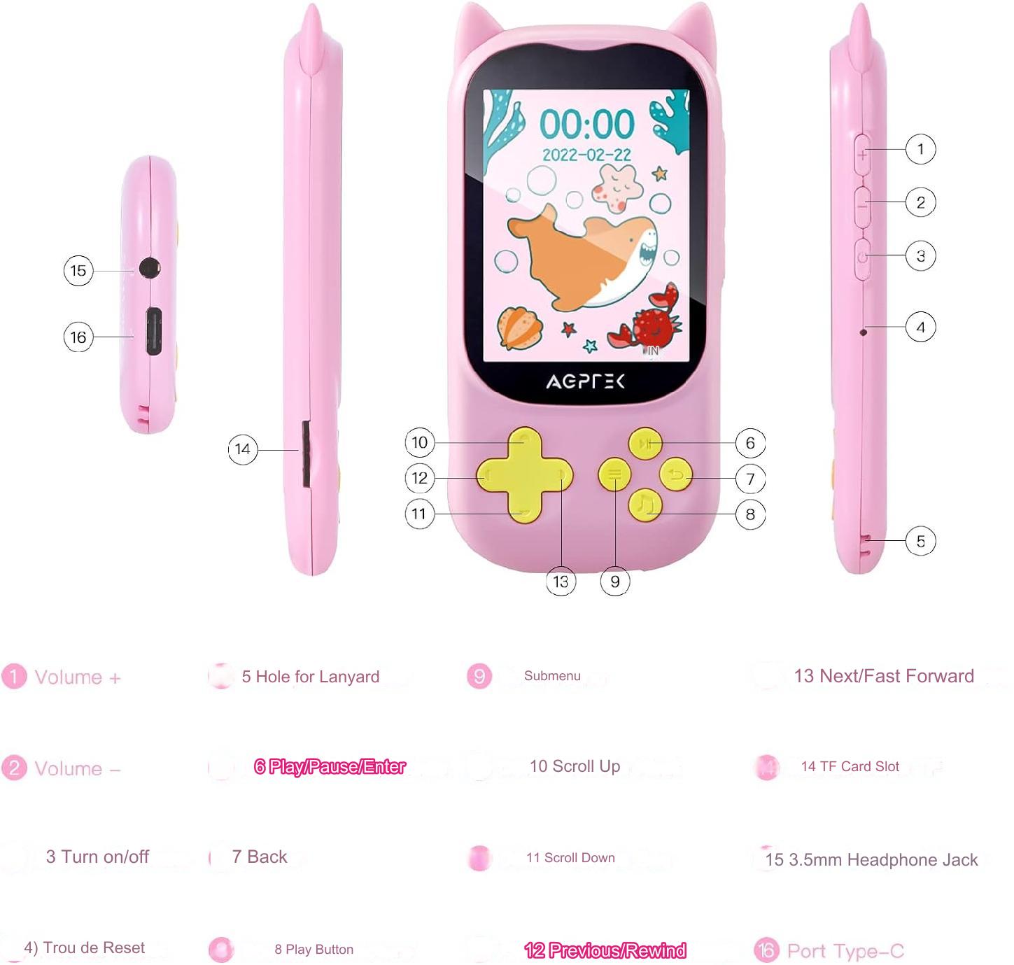 MP3 Player cu Bluetooth 5.3 pentru copii, cu display 2.4 inch, design pisica, cu difuzor, Radio FM, ceas cu alarma, jocuri, redare video, de 32 GB, accepta card pana la 128 GB, roz