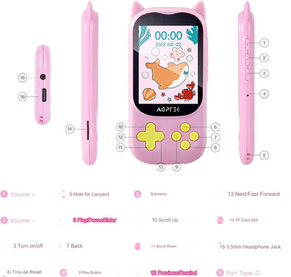 MP3 Player cu Bluetooth 5.3 pentru copii, cu display 2.4 inch, design pisica, cu difuzor, Radio FM, ceas cu alarma, jocuri, redare video, de 32 GB, accepta card pana la 128 GB, roz
