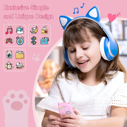 MP3 Player cu Bluetooth 5.3 pentru copii, cu display 2.4 inch, design pisica, cu difuzor, Radio FM, ceas cu alarma, jocuri, redare video, de 32 GB, accepta card pana la 128 GB, roz