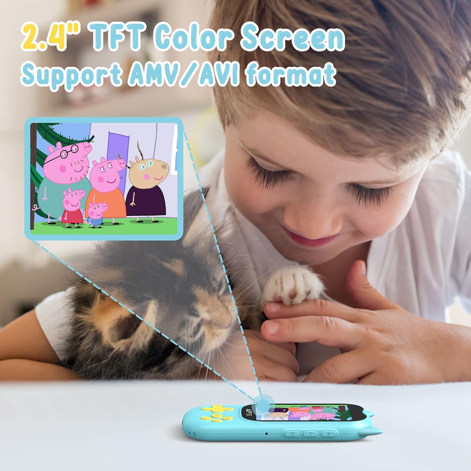 MP3 Player cu Bluetooth 5.3 pentru copii, cu display 2.4 inch, design pisica, cu difuzor, Radio FM, ceas cu alarma, jocuri, redare video, de 8 GB, accepta card pana la 128 GB, albastru