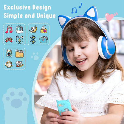 MP3 Player cu Bluetooth 5.3 pentru copii, cu display 2.4 inch, design pisica, cu difuzor, Radio FM, ceas cu alarma, jocuri, redare video, de 8 GB, accepta card pana la 128 GB, albastru