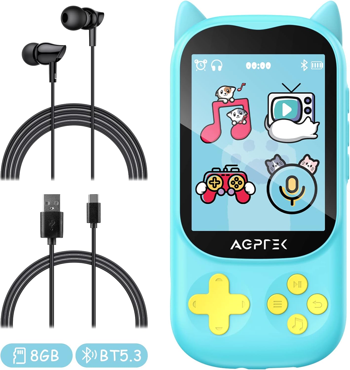 MP3 Player cu Bluetooth 5.3 pentru copii, cu display 2.4 inch, design pisica, cu difuzor, Radio FM, ceas cu alarma, jocuri, redare video, de 8 GB, accepta card pana la 128 GB, albastru