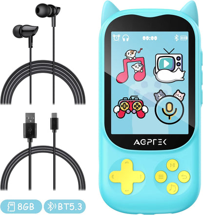 MP3 Player cu Bluetooth 5.3 pentru copii, cu display 2.4 inch, design pisica, cu difuzor, Radio FM, ceas cu alarma, jocuri, redare video, de 8 GB, accepta card pana la 128 GB, albastru