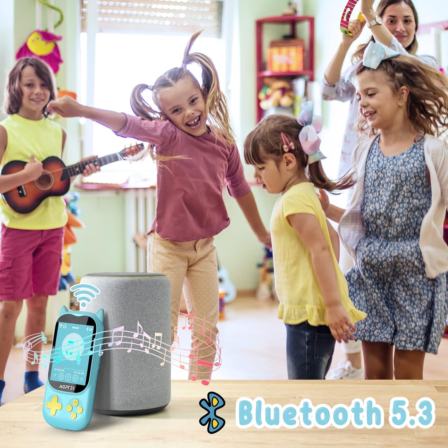 MP3 Player cu Bluetooth 5.3 pentru copii, cu display 2.4 inch, design pisica, cu difuzor, Radio FM, ceas cu alarma, jocuri, redare video, de 8 GB, accepta card pana la 128 GB, albastru