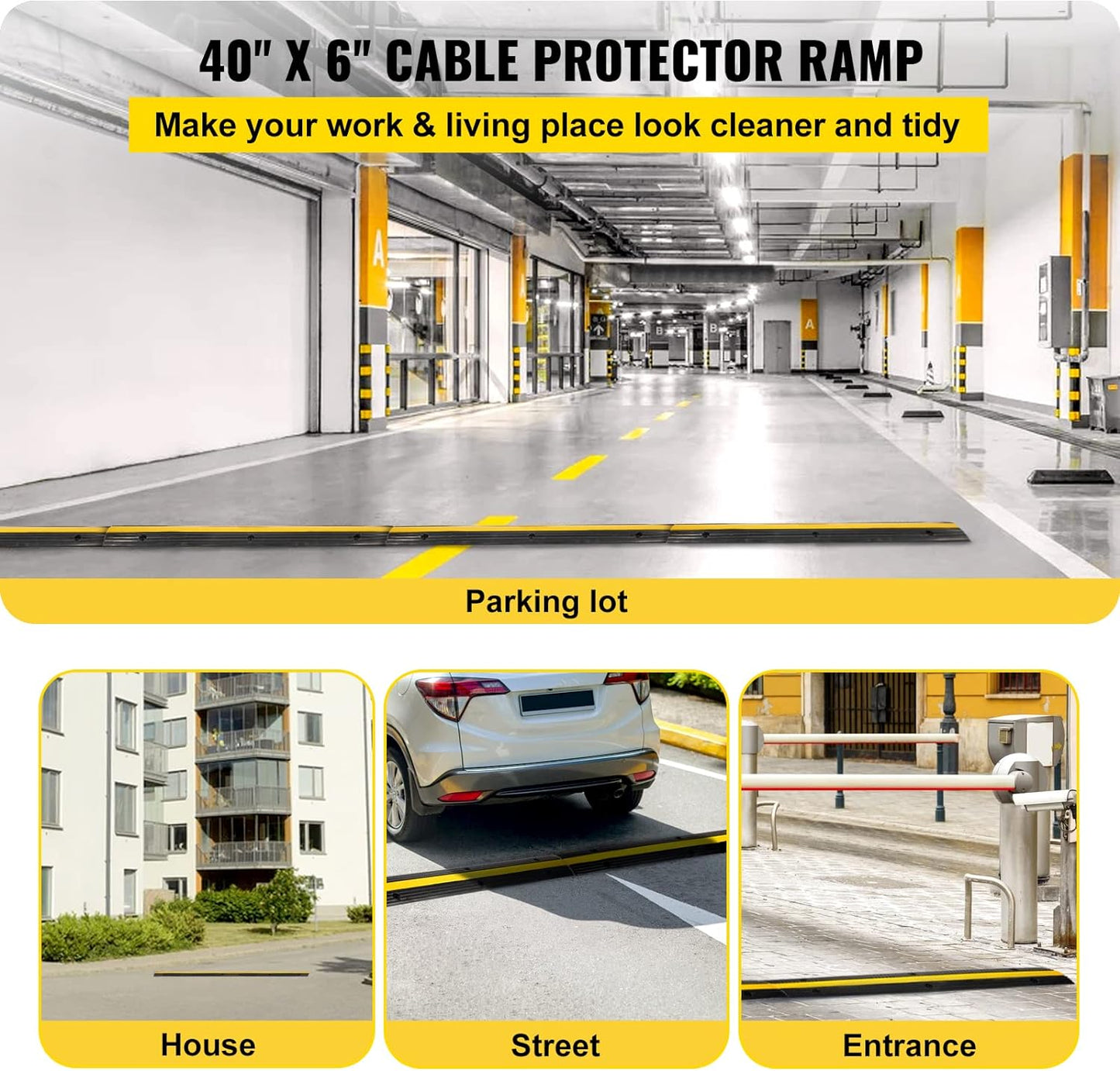 Set de 4 rampe de protectie cabluri, cu 1 canal, din cauciuc, 102 x 15 x 3 cm, capacitate 8 tone, cu design modular pentru casa, parcari, garaje, depozite, negru