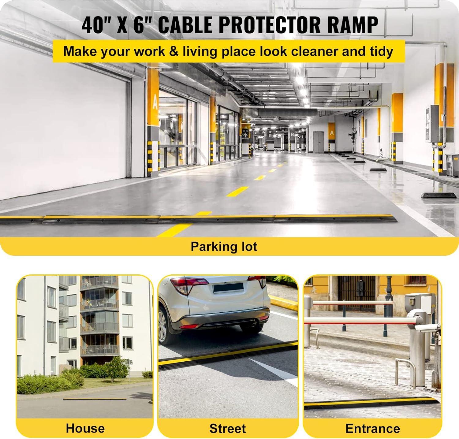 Set de 4 rampe de protectie cabluri, cu 1 canal, din cauciuc, 102 x 15 x 3 cm, capacitate 8 tone, cu design modular pentru casa, parcari, garaje, depozite, negru