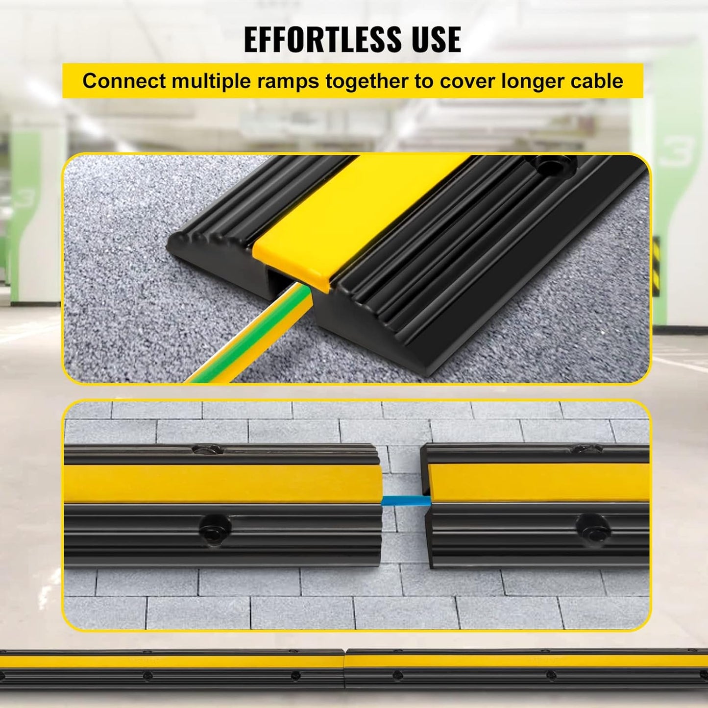 Set de 4 rampe de protectie cabluri, cu 1 canal, din cauciuc, 102 x 15 x 3 cm, capacitate 8 tone, cu design modular pentru casa, parcari, garaje, depozite, negru