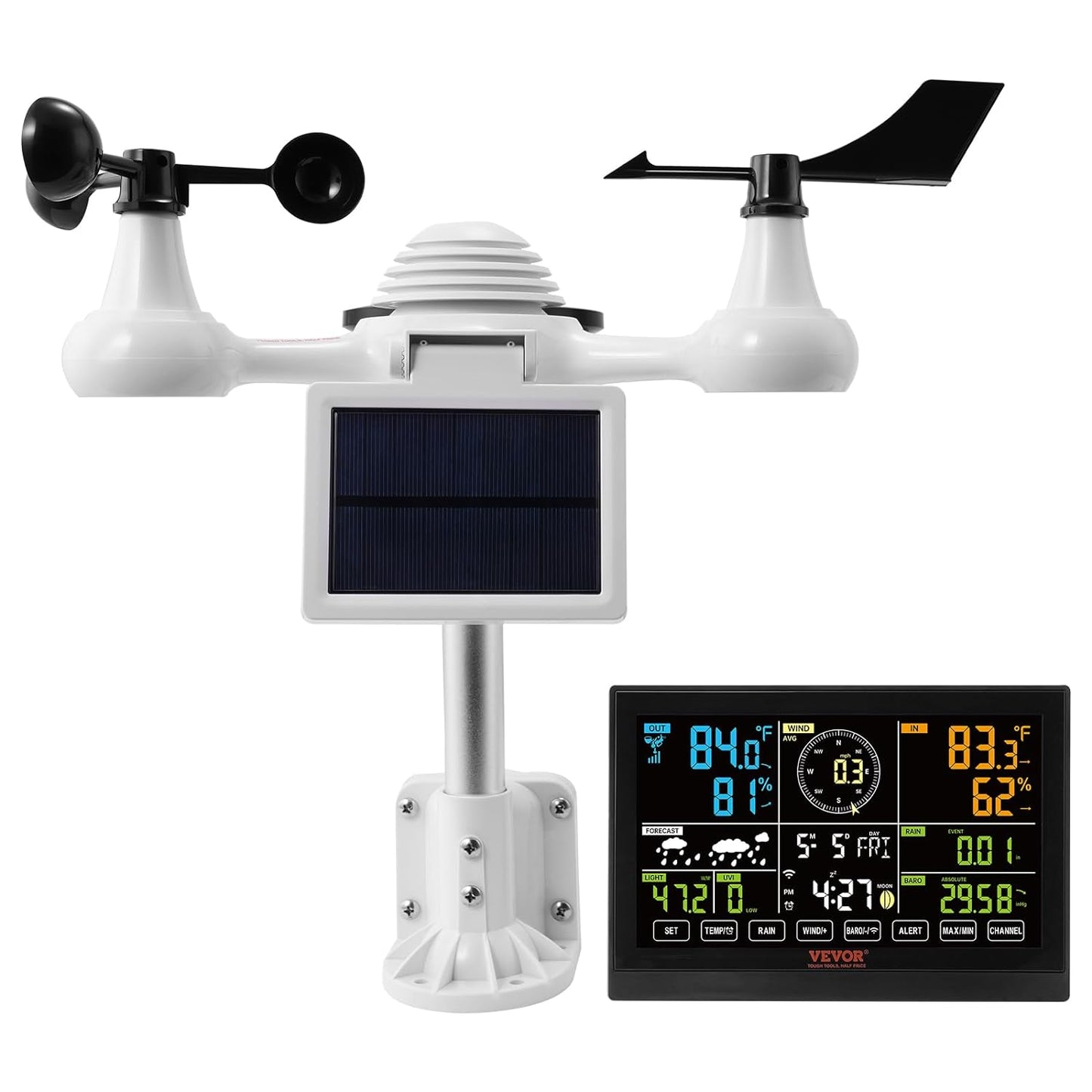 Statie Meteo profesionala WiFi 7 in 1, cu panou solar, afisaj LCD 7,5 inch, raza de transmisie de 150 m, prognoza meteo 12 h, alarma, viteza si directia vantului, umiditate, barometru, raze UV, anemometru, temperatura, fazele lunii, data, VEVOR