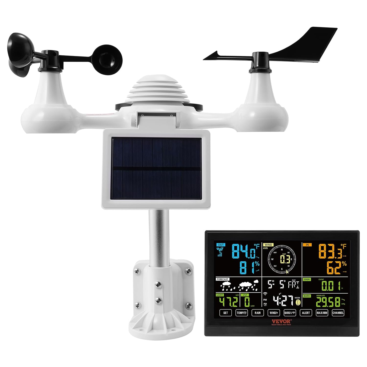 Statie Meteo profesionala WiFi 7 in 1, cu panou solar, afisaj LCD 7,5 inch, raza de transmisie de 150 m, prognoza meteo 12 h, alarma, viteza si directia vantului, umiditate, barometru, raze UV, anemometru, temperatura, fazele lunii, data, VEVOR
