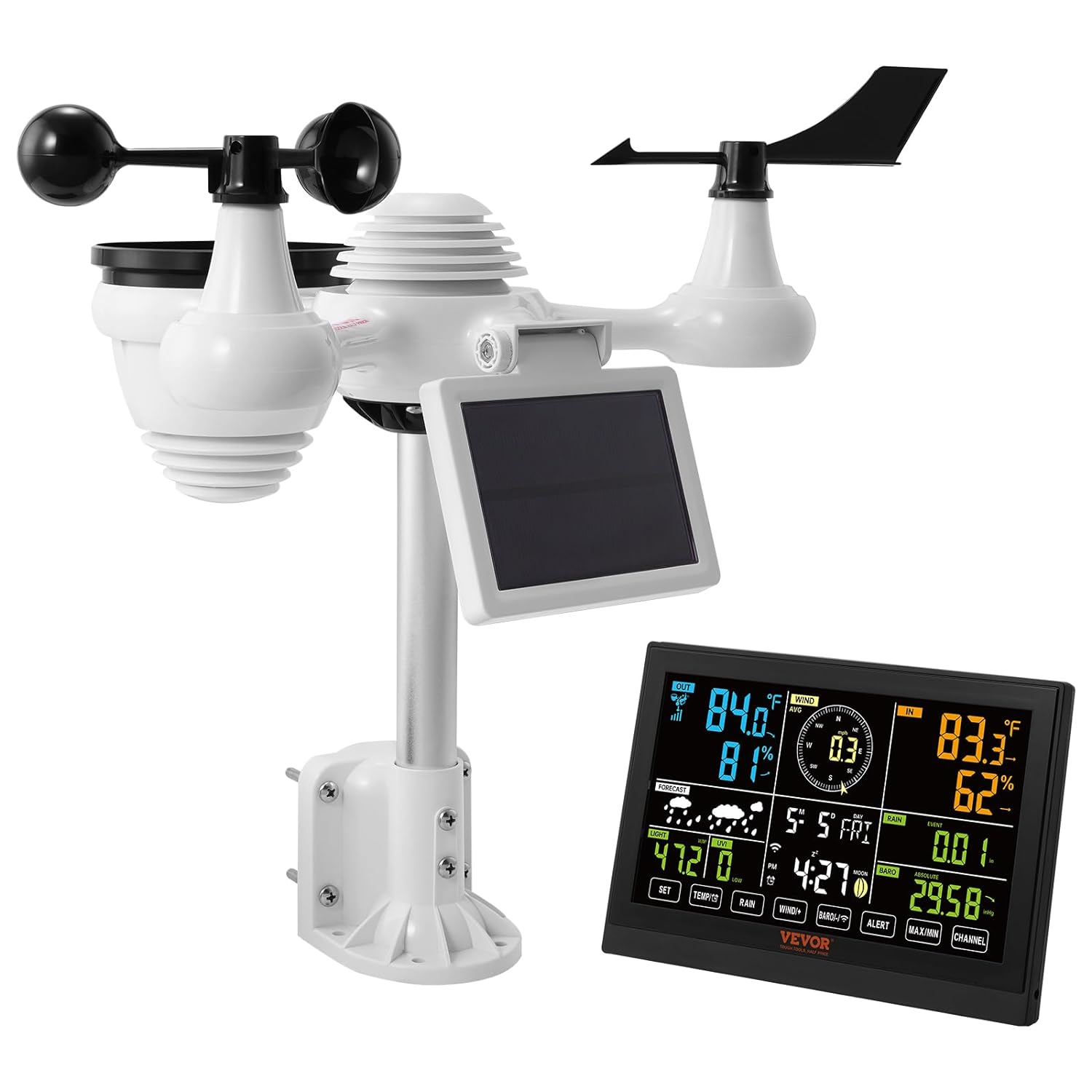Statie Meteo profesionala WiFi 7 in 1, cu panou solar, afisaj LCD 7,5 inch, raza de transmisie de 150 m, prognoza meteo 12 h, alarma, viteza si directia vantului, umiditate, barometru, raze UV, anemometru, temperatura, fazele lunii, data, VEVOR