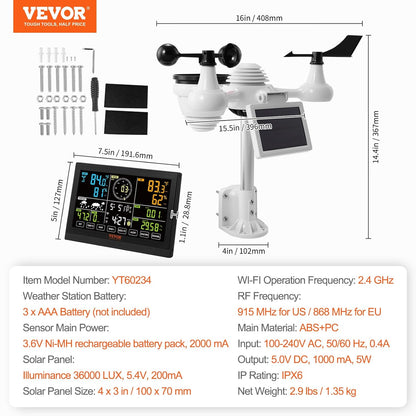 Statie Meteo profesionala WiFi 7 in 1, cu panou solar, afisaj LCD 7,5 inch, raza de transmisie de 150 m, prognoza meteo 12 h, alarma, viteza si directia vantului, umiditate, barometru, raze UV, anemometru, temperatura, fazele lunii, data, VEVOR