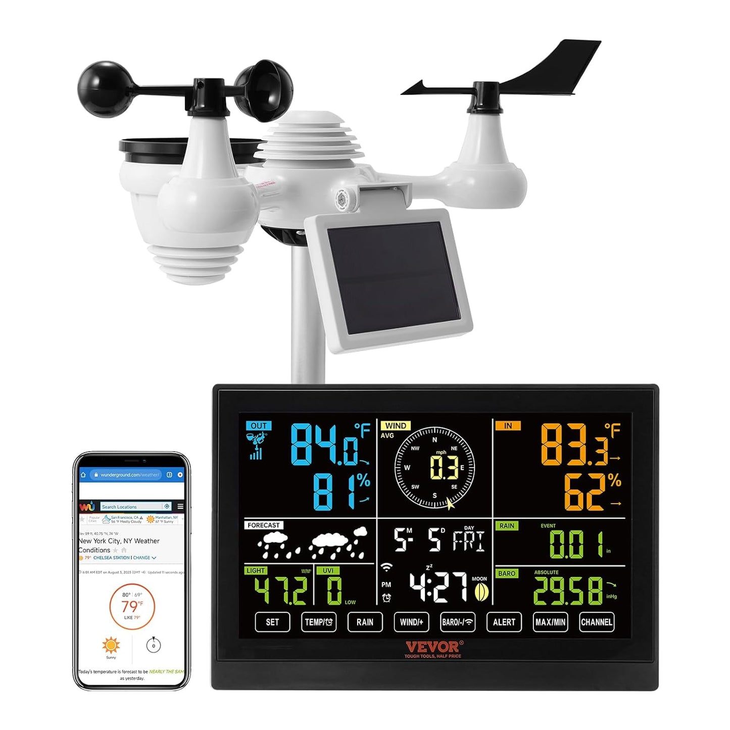 Statie Meteo profesionala WiFi 7 in 1, cu panou solar, afisaj LCD 7,5 inch, raza de transmisie de 150 m, prognoza meteo 12 h, alarma, viteza si directia vantului, umiditate, barometru, raze UV, anemometru, temperatura, fazele lunii, data, VEVOR