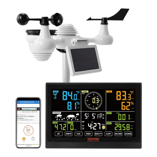 Statie Meteo profesionala WiFi 7 in 1, cu panou solar, afisaj LCD 7,5 inch, raza de transmisie de 150 m, prognoza meteo 12 h, alarma, viteza si directia vantului, umiditate, barometru, raze UV, anemometru, temperatura, fazele lunii, data, VEVOR
