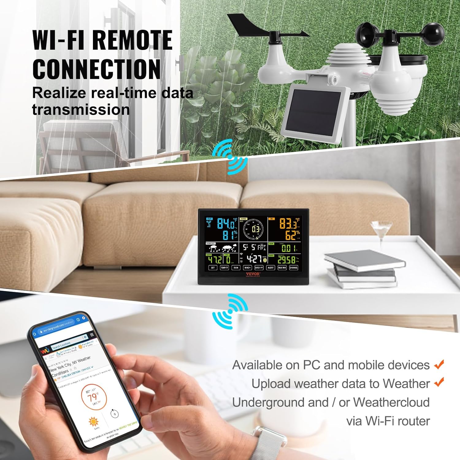 Statie Meteo profesionala WiFi 7 in 1, cu panou solar, afisaj LCD 7,5 inch, raza de transmisie de 150 m, prognoza meteo 12 h, alarma, viteza si directia vantului, umiditate, barometru, raze UV, anemometru, temperatura, fazele lunii, data, VEVOR