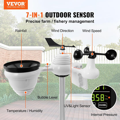 Statie Meteo profesionala WiFi 7 in 1, cu panou solar, afisaj LCD 7,5 inch, raza de transmisie de 150 m, prognoza meteo 12 h, alarma, viteza si directia vantului, umiditate, barometru, raze UV, anemometru, temperatura, fazele lunii, data, VEVOR