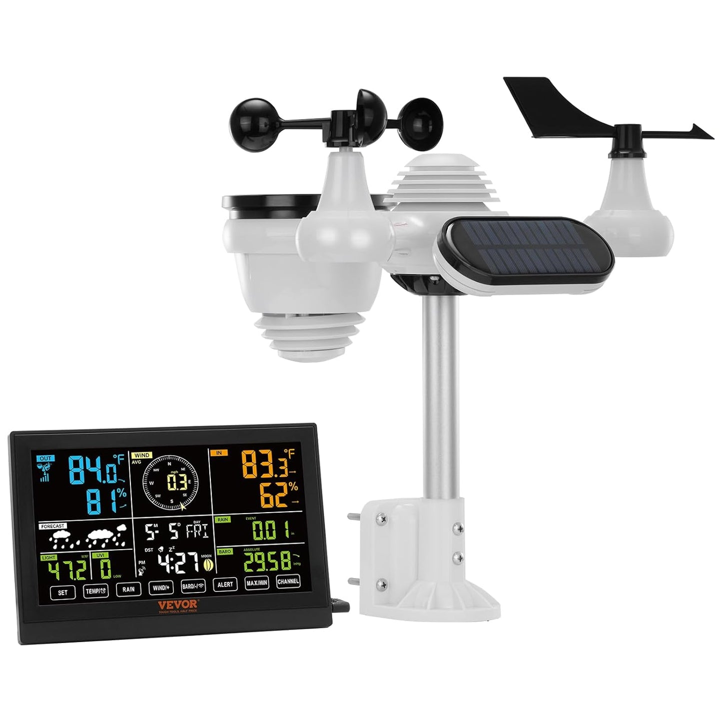 Statie Meteo profesionala 7 in 1, Wireless, cu panou solar, afisaj LCD 7,5 inch, raza de transmisie de 150 m, prognoza meteo 12 h, alarma, viteza si directia vantului, umiditate, barometru, raze UV, anemometru, temperatura, fazele lunii, data, VEVOR