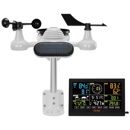 Statie Meteo profesionala 7 in 1, Wireless, cu panou solar, afisaj LCD 7,5 inch, raza de transmisie de 150 m, prognoza meteo 12 h, alarma, viteza si directia vantului, umiditate, barometru, raze UV, anemometru, temperatura, fazele lunii, data, VEVOR