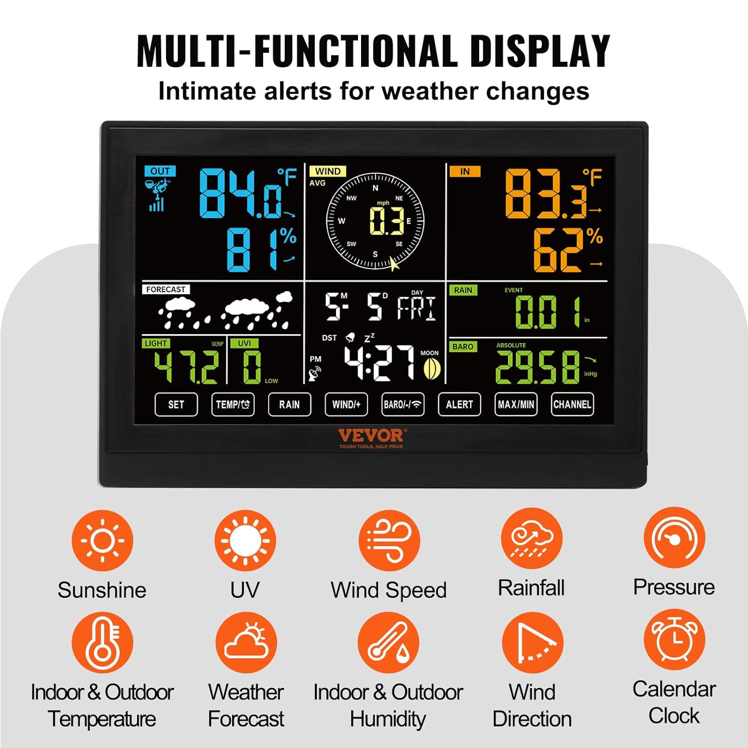 Statie Meteo profesionala 7 in 1, Wireless, cu panou solar, afisaj LCD 7,5 inch, raza de transmisie de 150 m, prognoza meteo 12 h, alarma, viteza si directia vantului, umiditate, barometru, raze UV, anemometru, temperatura, fazele lunii, data, VEVOR