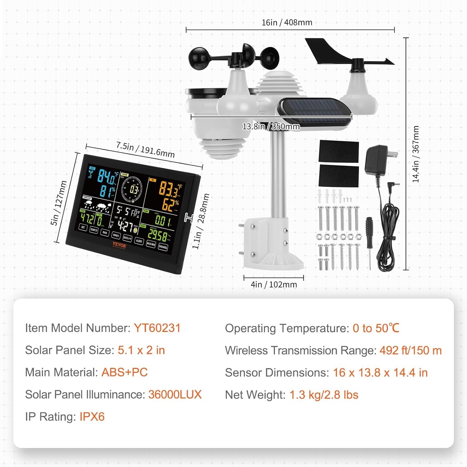 Statie Meteo profesionala 7 in 1, Wireless, cu panou solar, afisaj LCD 7,5 inch, raza de transmisie de 150 m, prognoza meteo 12 h, alarma, viteza si directia vantului, umiditate, barometru, raze UV, anemometru, temperatura, fazele lunii, data, VEVOR