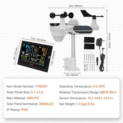 Statie Meteo profesionala 7 in 1, Wireless, cu panou solar, afisaj LCD 7,5 inch, raza de transmisie de 150 m, prognoza meteo 12 h, alarma, viteza si directia vantului, umiditate, barometru, raze UV, anemometru, temperatura, fazele lunii, data, VEVOR