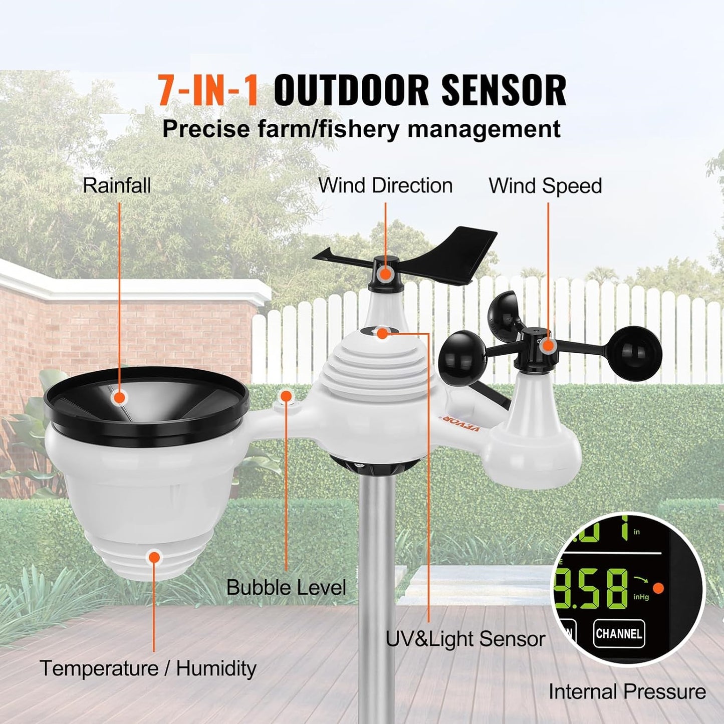 Statie Meteo profesionala 7 in 1, Wireless, cu panou solar, afisaj LCD 7,5 inch, raza de transmisie de 150 m, prognoza meteo 12 h, alarma, viteza si directia vantului, umiditate, barometru, raze UV, anemometru, temperatura, fazele lunii, data, VEVOR
