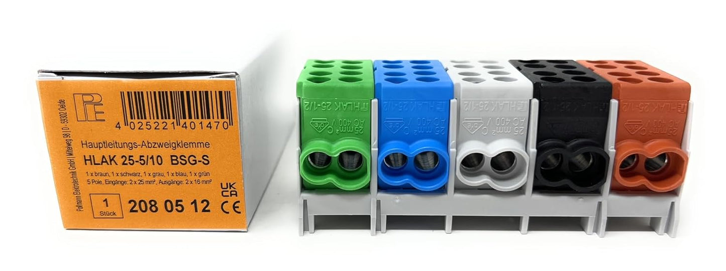 Cleme de distributie derivatie pentru conexiuni monofazice si trifazice, cu 5 pini pentru sina profilata, cu 8 poli, 25mm2, AC 400 V