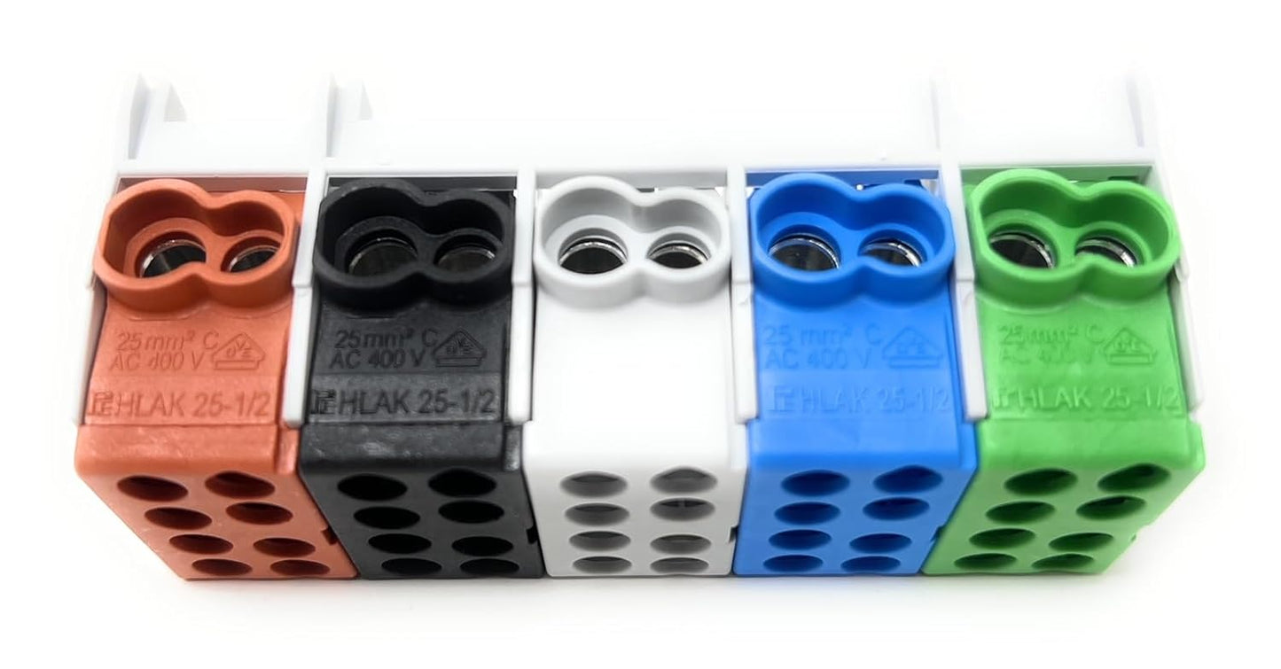 Cleme de distributie derivatie pentru conexiuni monofazice si trifazice, cu 5 pini pentru sina profilata, cu 8 poli, 25mm2, AC 400 V