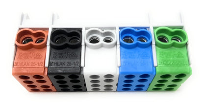 Cleme de distributie derivatie pentru conexiuni monofazice si trifazice, cu 5 pini pentru sina profilata, cu 8 poli, 25mm2, AC 400 V