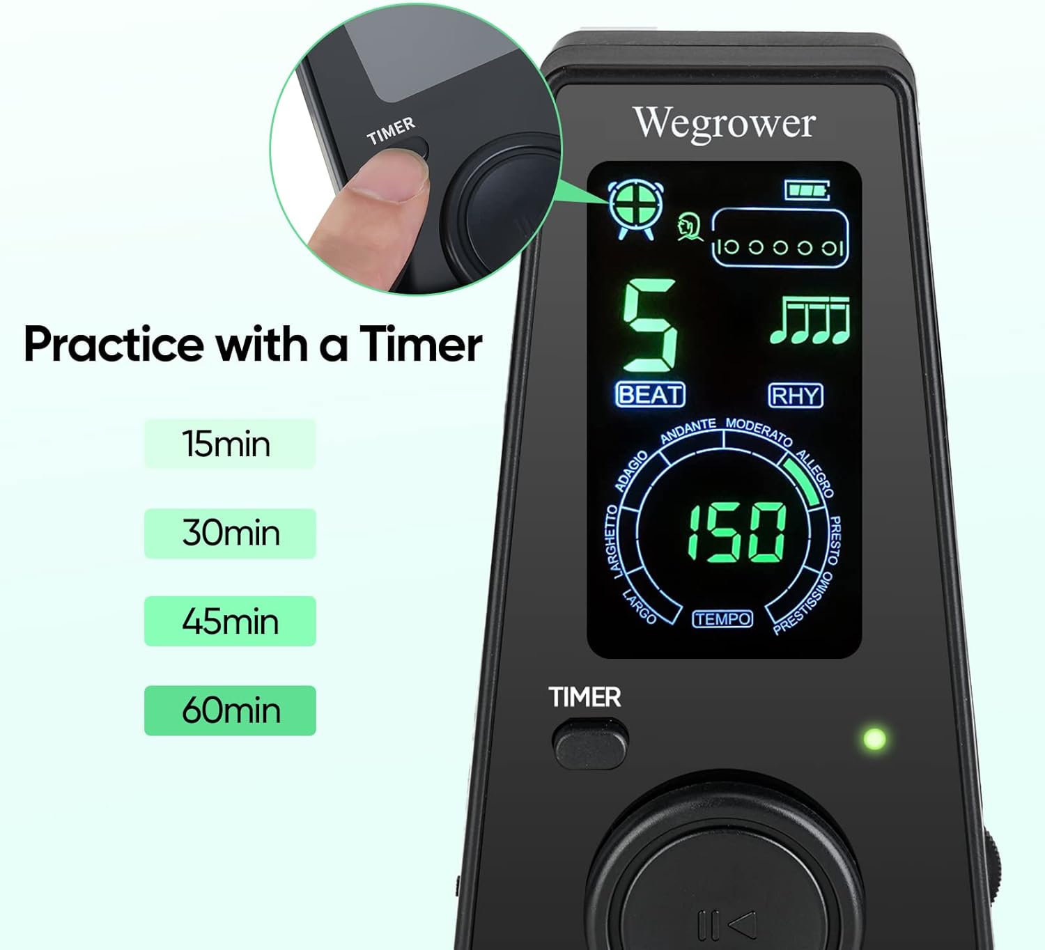 Metronom digital cu temporizator, contorizarea vocii si a sunetul, operare cu o singura atingere si afisaj LCD, electronic, cu control al volumului pentru pian, chitara, tobe, vioara