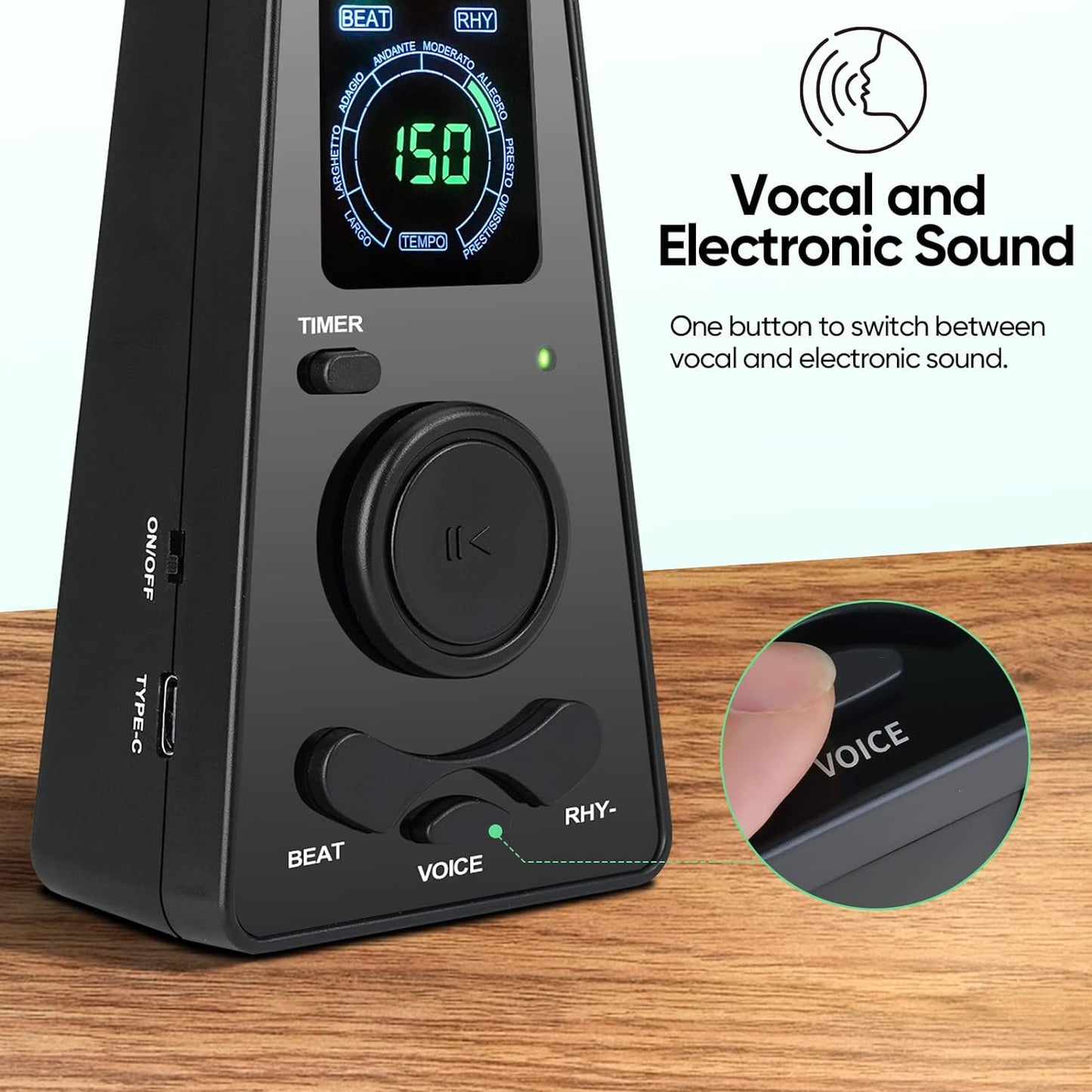 Metronom digital cu temporizator, contorizarea vocii si a sunetul, operare cu o singura atingere si afisaj LCD, electronic, cu control al volumului pentru pian, chitara, tobe, vioara