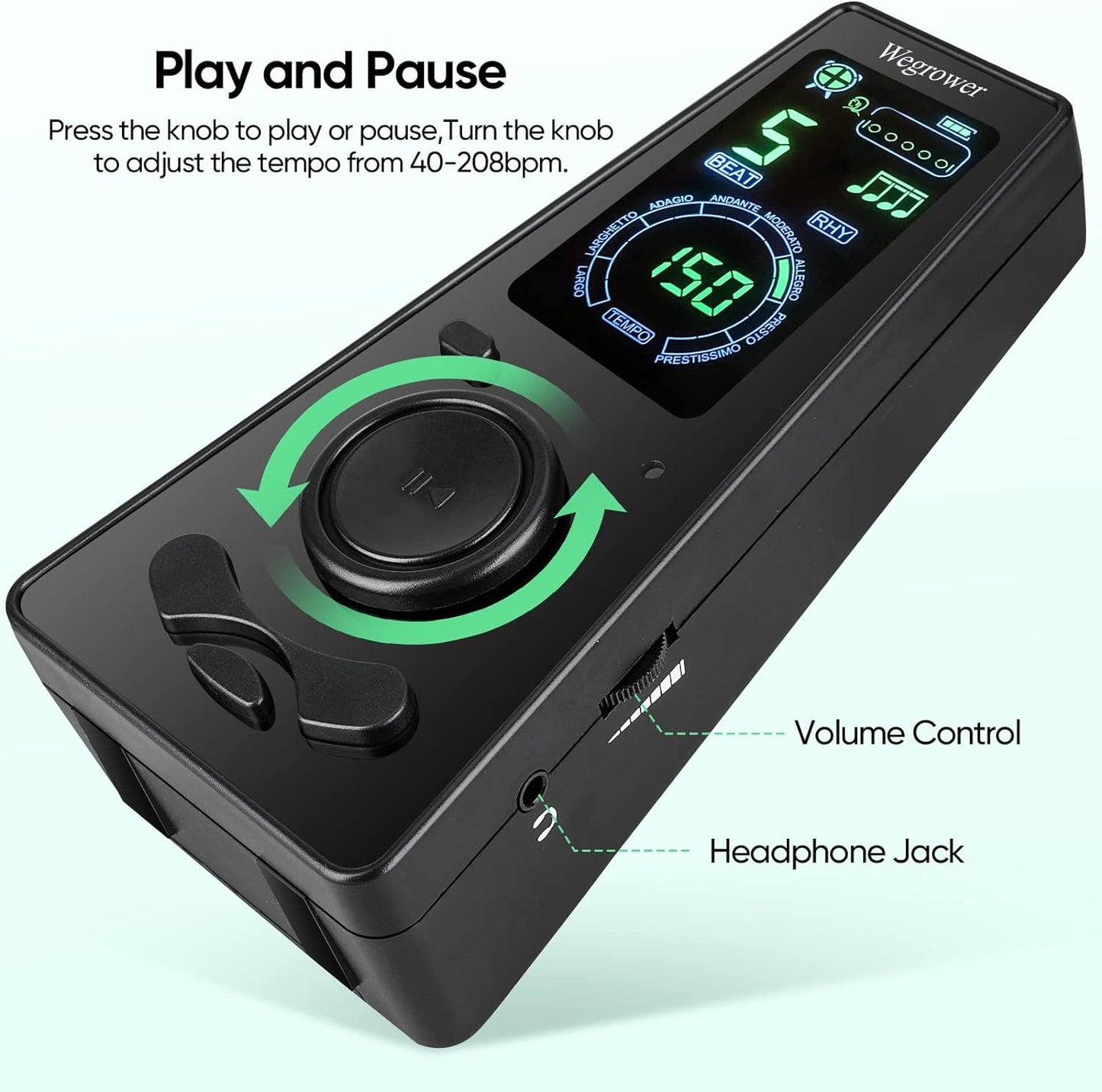 Metronom digital cu temporizator, contorizarea vocii si a sunetul, operare cu o singura atingere si afisaj LCD, electronic, cu control al volumului pentru pian, chitara, tobe, vioara