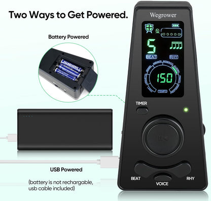Metronom digital cu temporizator, contorizarea vocii si a sunetul, operare cu o singura atingere si afisaj LCD, electronic, cu control al volumului pentru pian, chitara, tobe, vioara